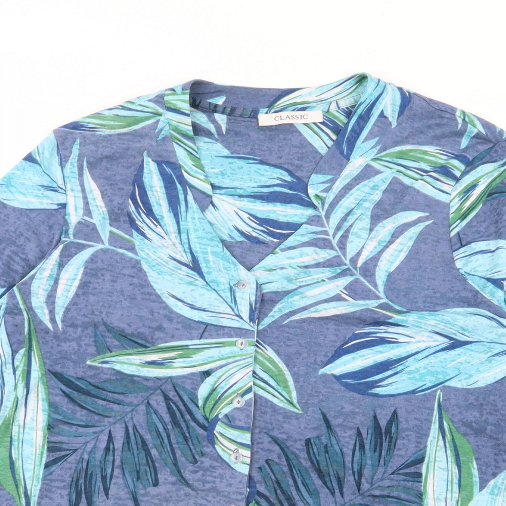 Classic Womens Blue V-Neck Floral Polyester Cardigan Jumper Size 14