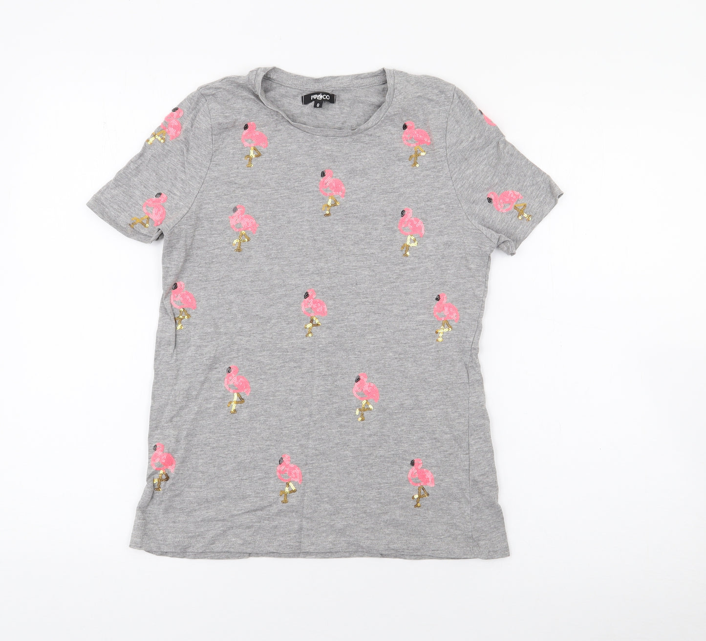 Pep & Co Womens Grey  Cotton Basic T-Shirt Size 8 Crew Neck - Flamingo