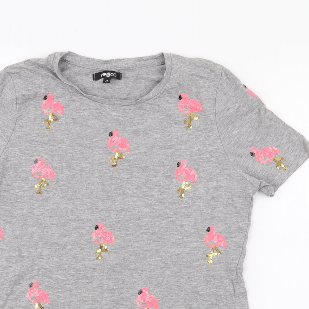 Pep & Co Womens Grey  Cotton Basic T-Shirt Size 8 Crew Neck - Flamingo