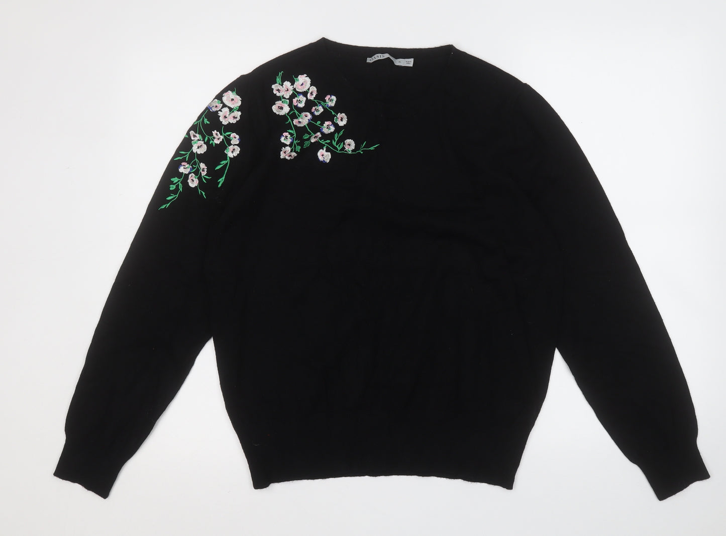 Oasis Womens Black Round Neck Floral Viscose Pullover Jumper Size XL