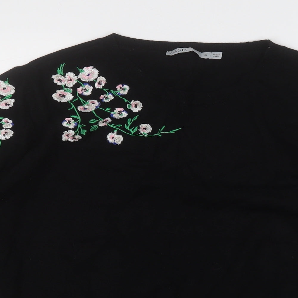 Oasis Womens Black Round Neck Floral Viscose Pullover Jumper Size XL