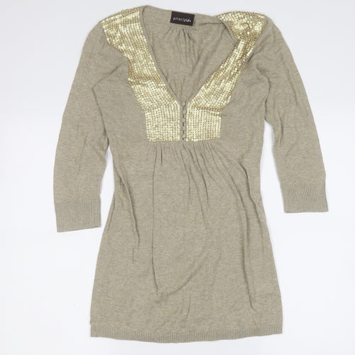 Principles Womens Gold Geometric Cotton Skater Dress  Size 10  V-Neck Button
