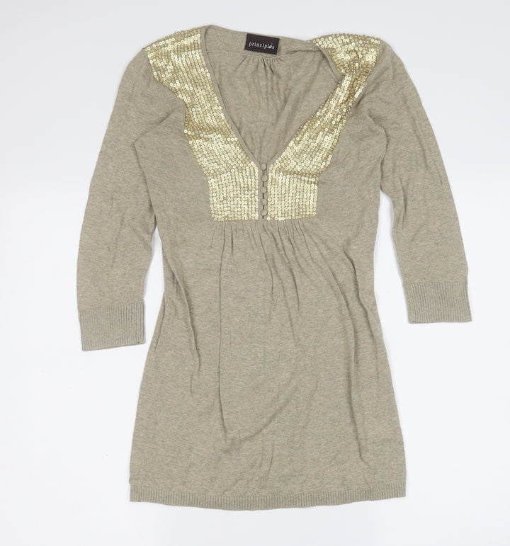 Principles Womens Gold Geometric Cotton Skater Dress Size 10 V-Neck Button