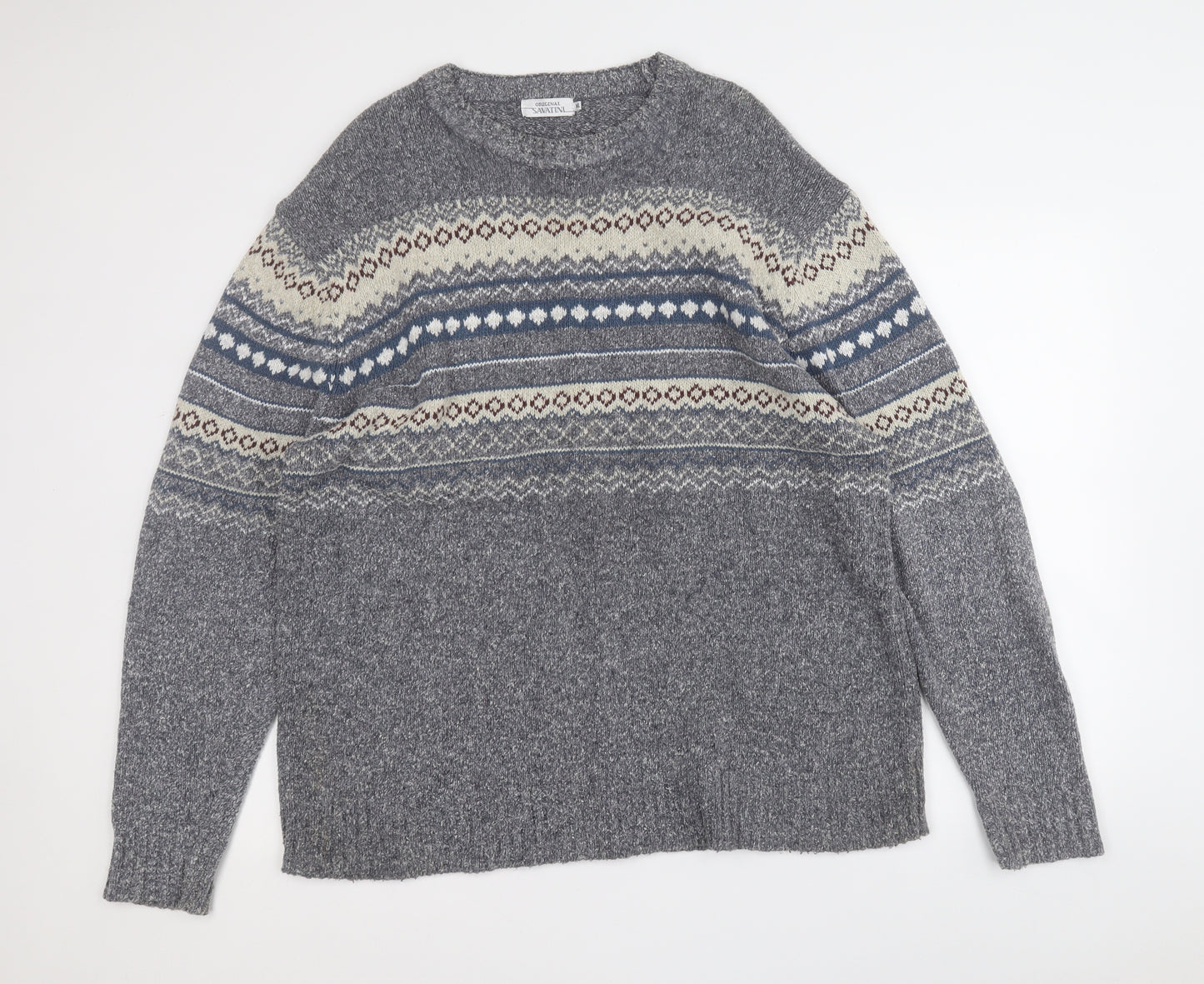 savatini Mens Grey Round Neck Geometric Acrylic Pullover Jumper Size XL