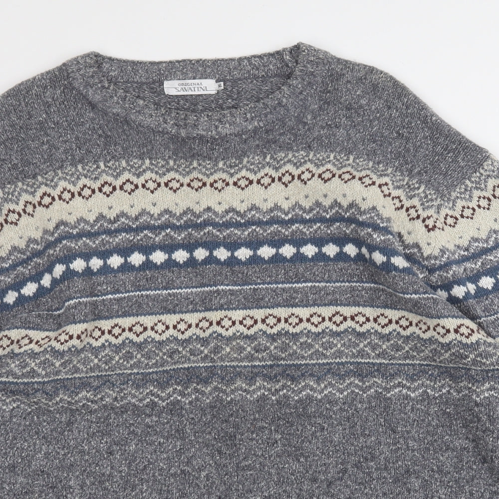 savatini Mens Grey Round Neck Geometric Acrylic Pullover Jumper Size XL