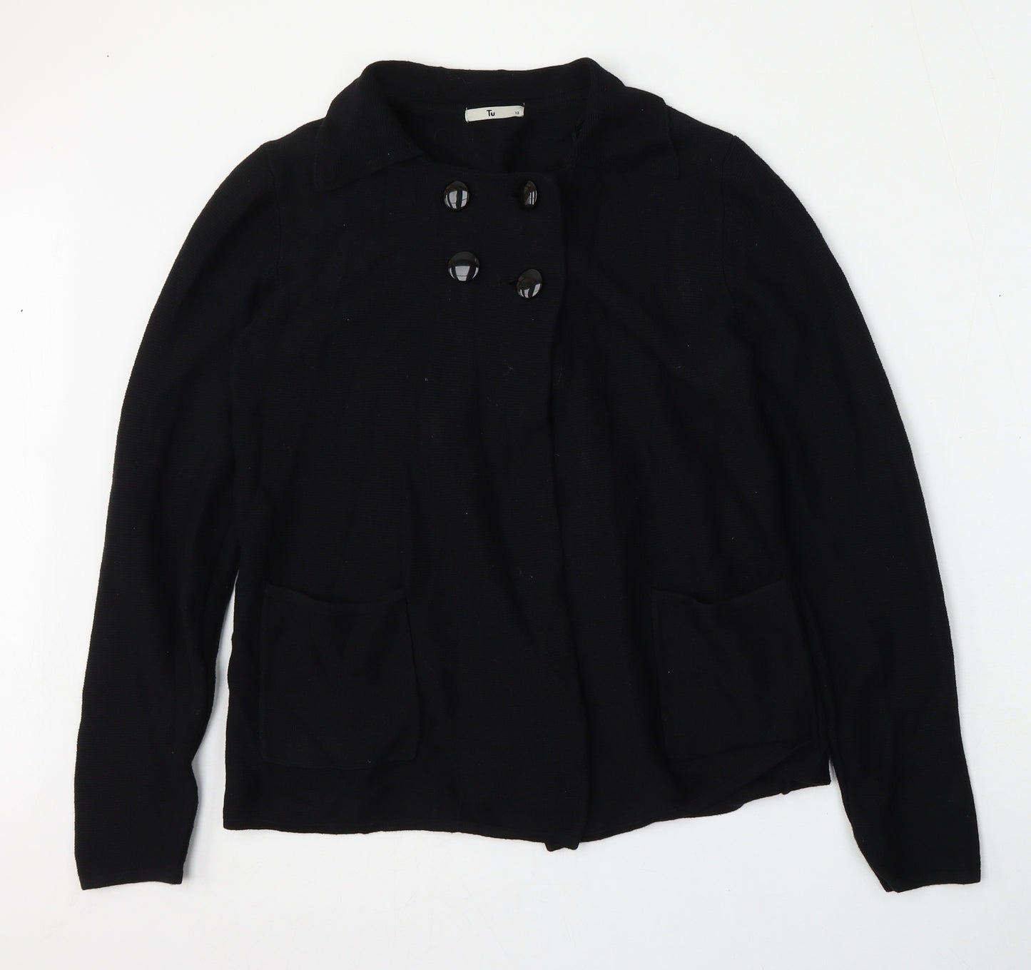 TU Womens Black Collared  Cotton Cardigan Jumper Size 12