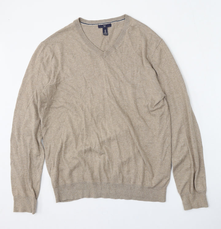 Gap Mens Beige V-Neck Cotton Pullover Jumper Size M