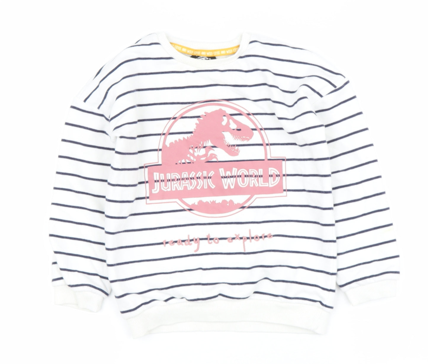 Preworn Boys Beige Round Neck Striped Cotton Henley Jumper Size 5-6 Years   - jurassic park