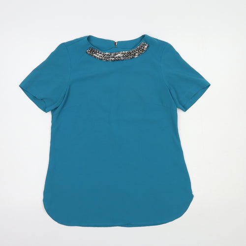 Dunnes Stores Womens Blue  Polyester Basic Blouse Size 10 Round Neck - Embellished Neckline