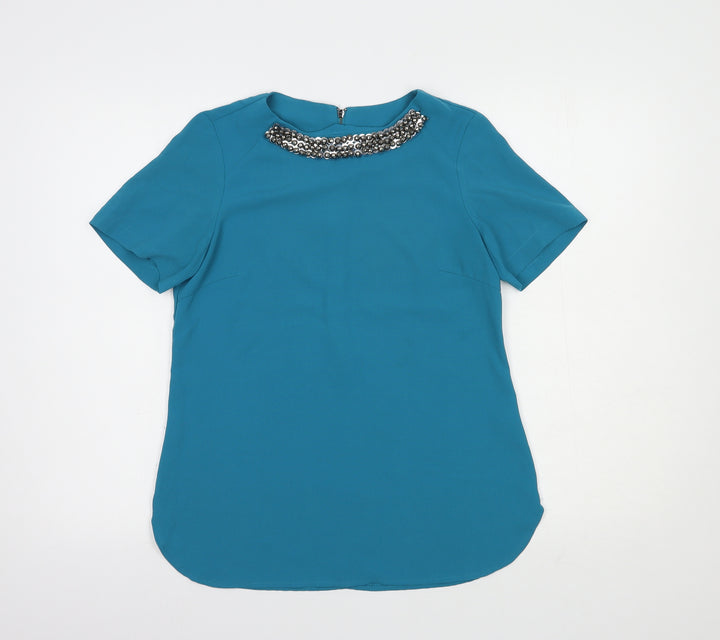 Dunnes Stores Womens Blue Polyester Basic Blouse Size 10 Round Neck - Embellished Neckline