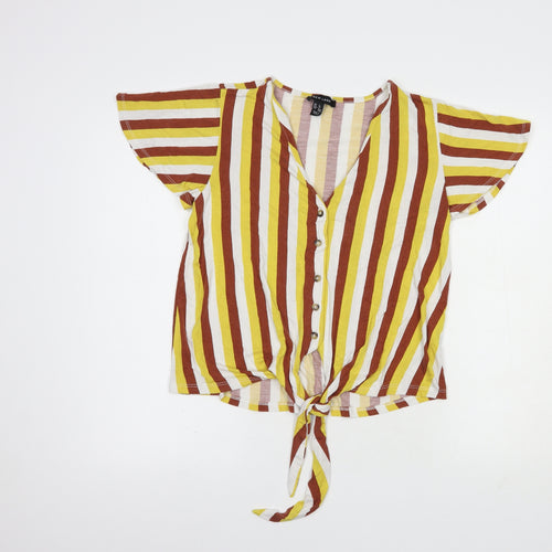New Look Womens Yellow Striped Viscose Basic Blouse Size 8 V-Neck