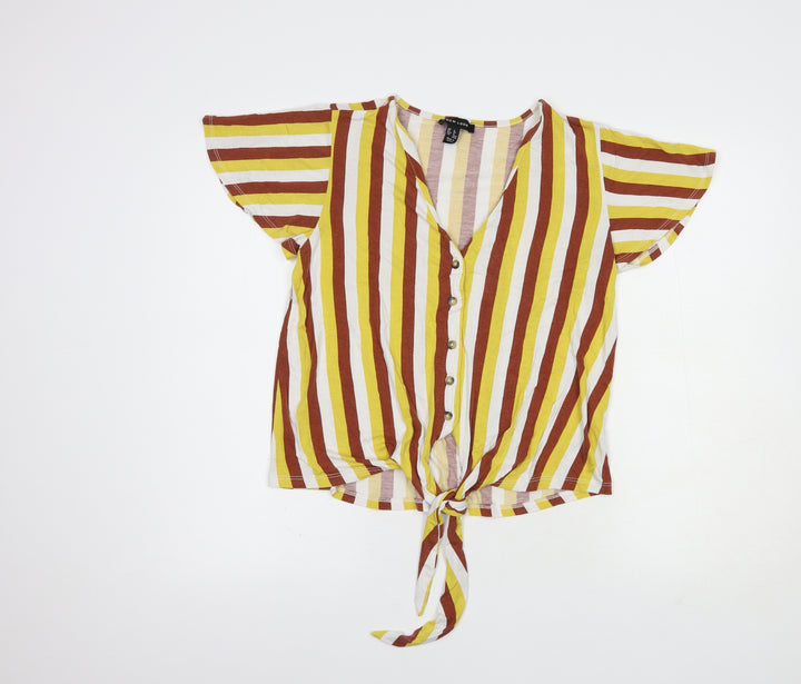 New Look Womens Yellow Striped Viscose Basic Blouse Size 8 V-Neck