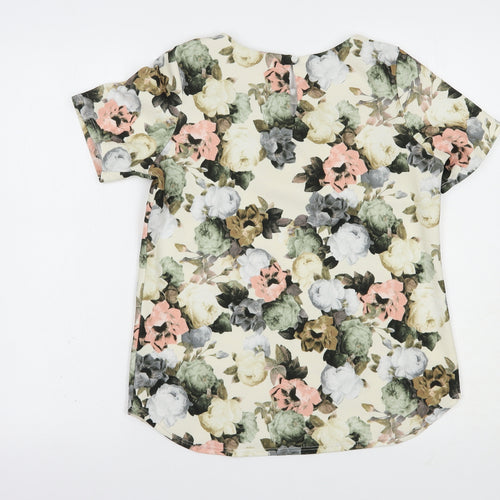 Dunnes Stores Womens Ivory Floral Polyester Basic Blouse Size 10 Round Neck
