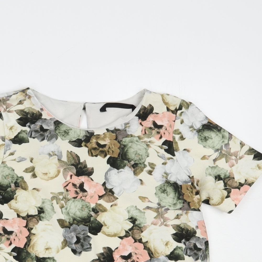 Dunnes Stores Womens Ivory Floral Polyester Basic Blouse Size 10 Round Neck