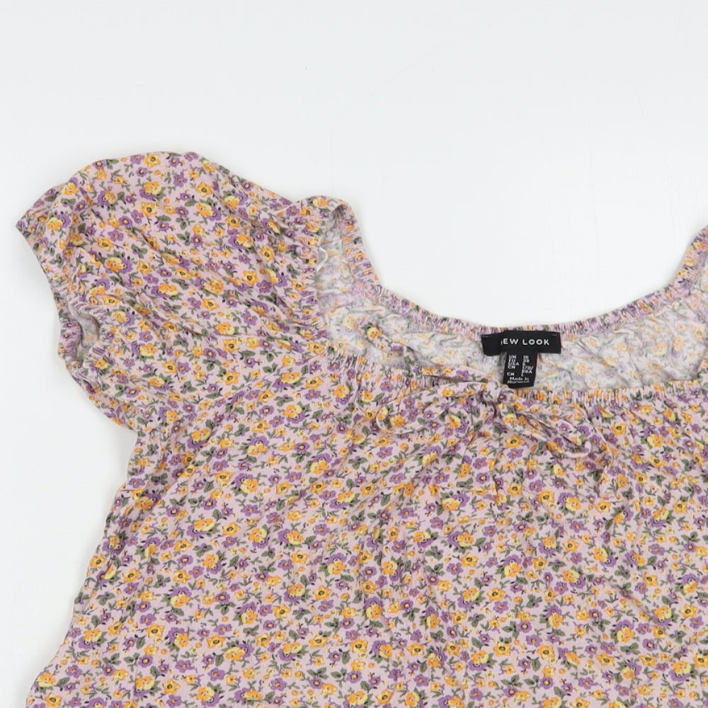 New Look Womens Purple Floral Viscose Basic Blouse Size 10 Boat Neck