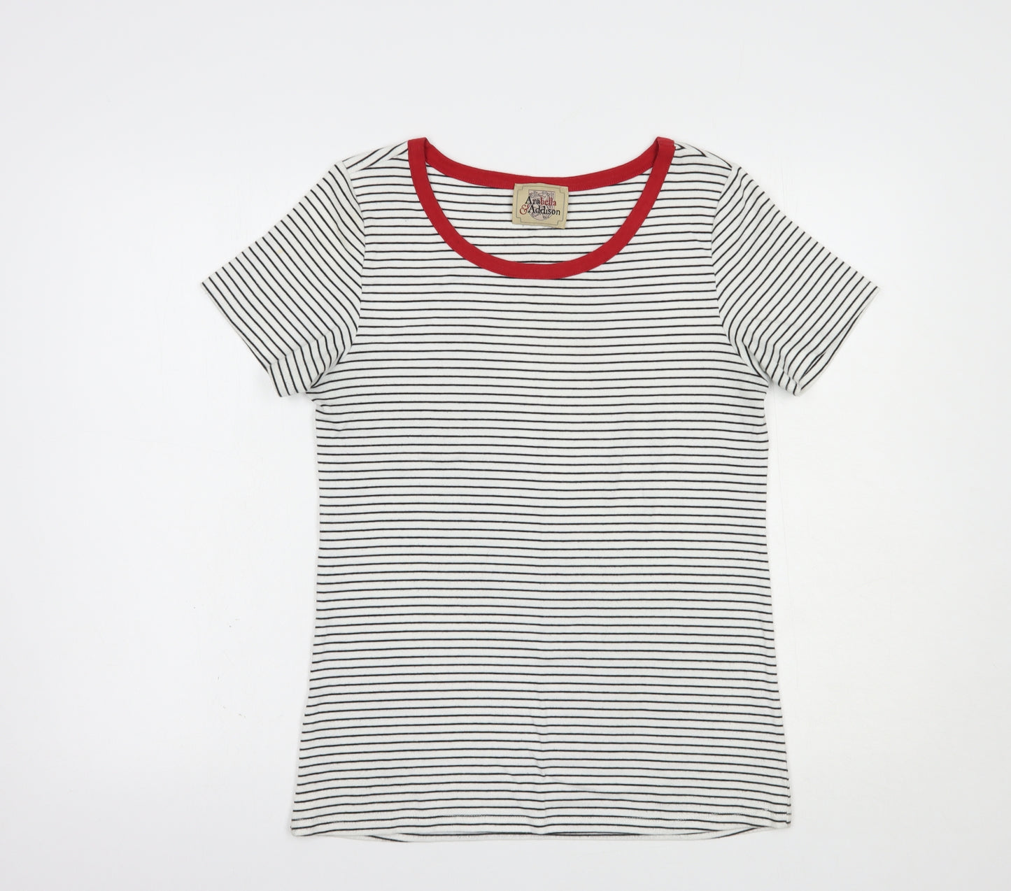 Arabella & Addison Womens White Striped Cotton Basic T-Shirt Size S Boat Neck