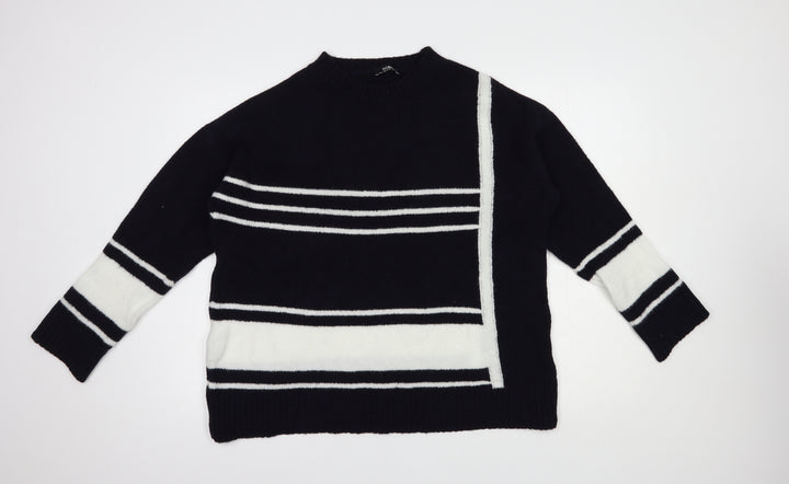 Wallis Womens Blue Crew Neck Striped Acrylic Pullover Jumper Size M