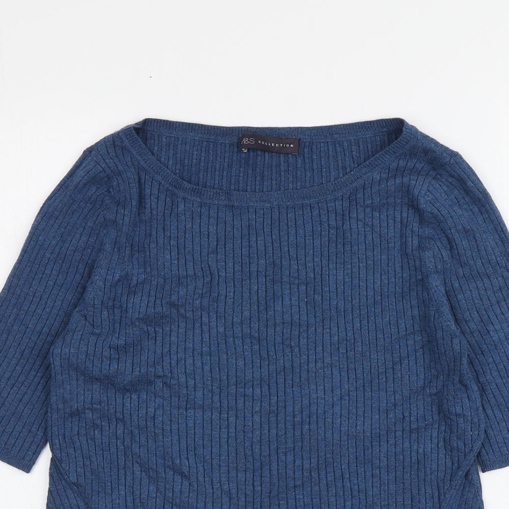 M&S Womens Blue  Viscose Basic T-Shirt Size 14 Round Neck