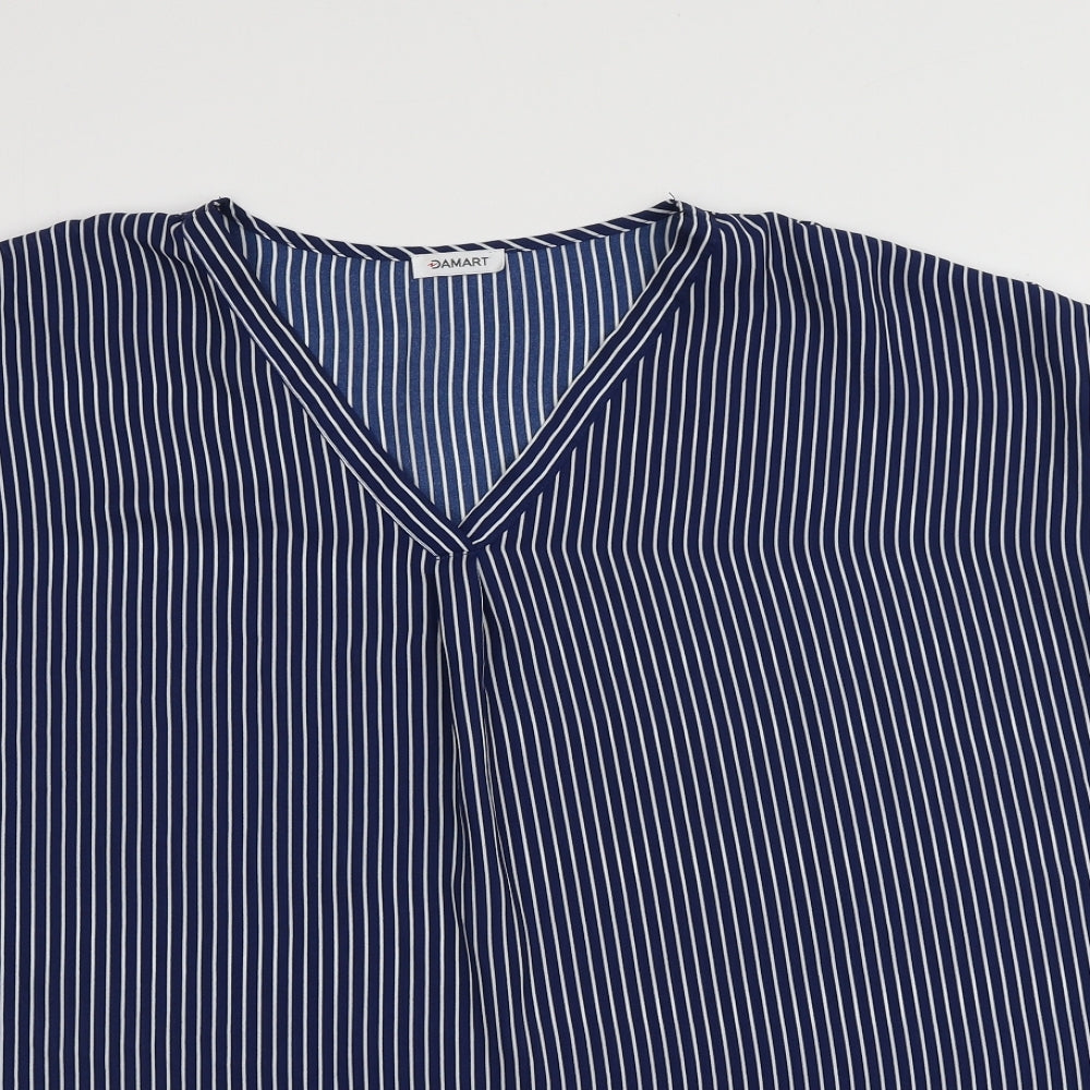Damrat Womens Blue Striped Polyester Basic Blouse Size 24 Round Neck