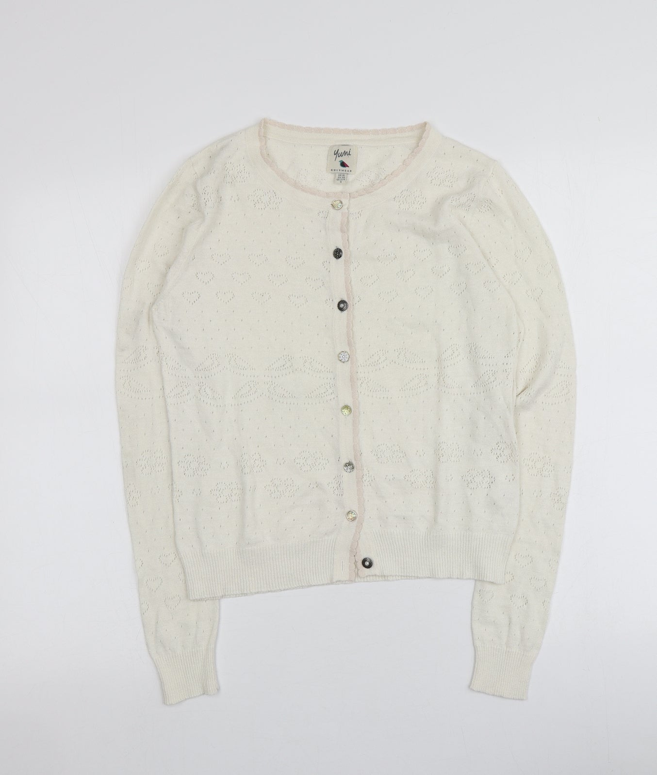 Yuni Womens Ivory Round Neck Geometric Cotton Cardigan Jumper Size 10