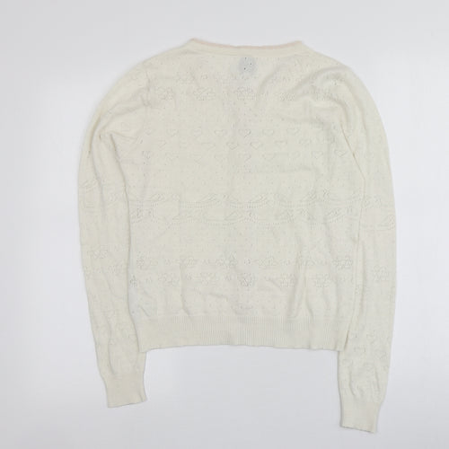 Yuni Womens Ivory Round Neck Geometric Cotton Cardigan Jumper Size 10