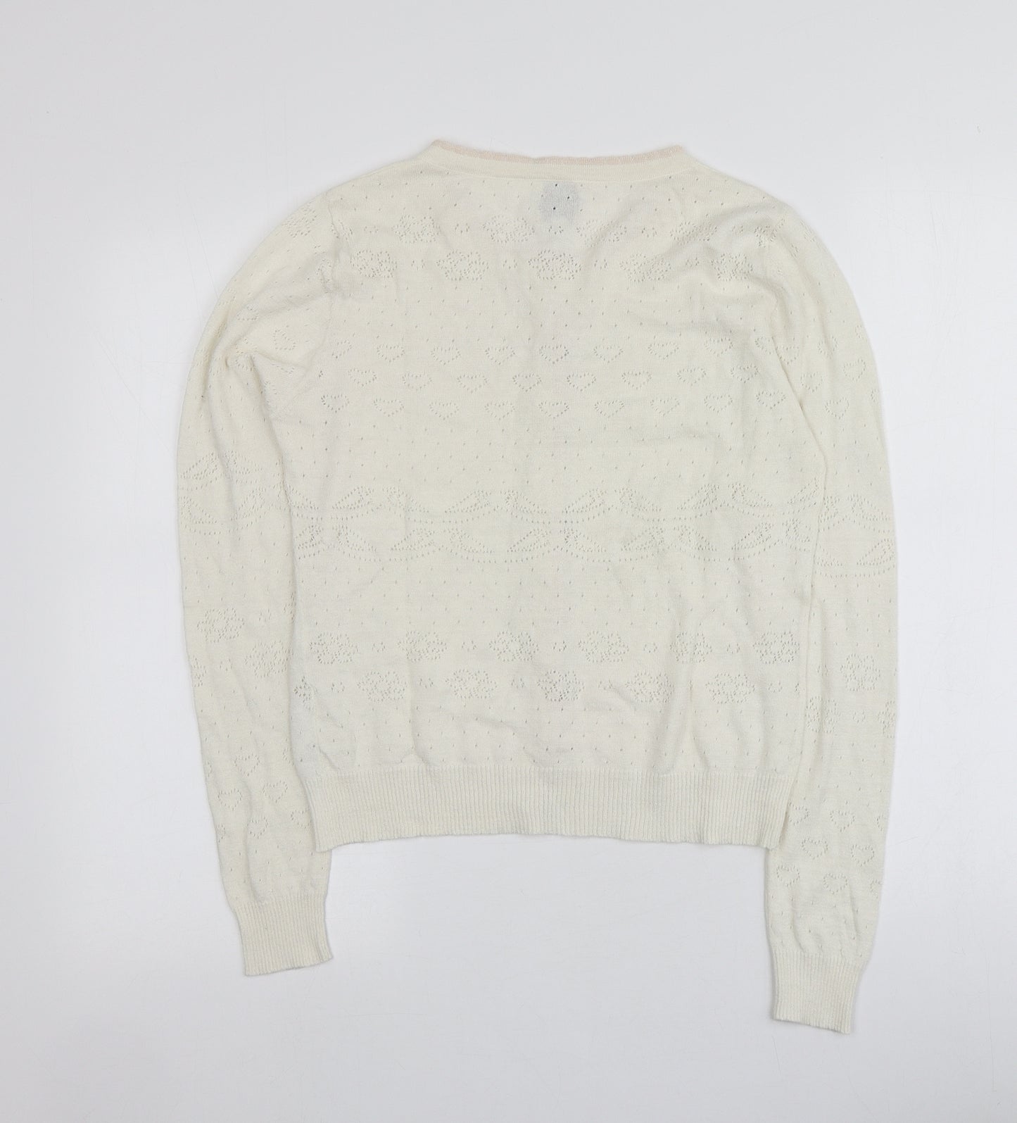 Yuni Womens Ivory Round Neck Geometric Cotton Cardigan Jumper Size 10