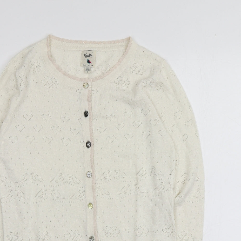 Yuni Womens Ivory Round Neck Geometric Cotton Cardigan Jumper Size 10