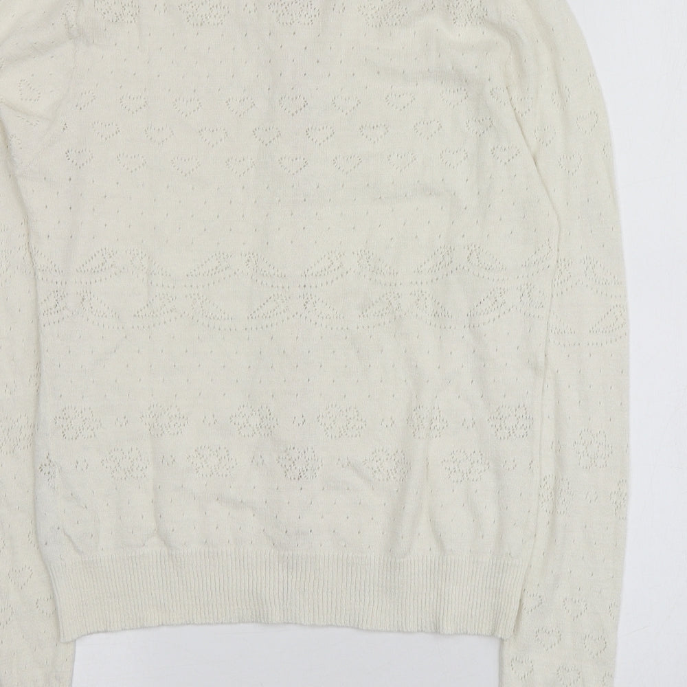 Yuni Womens Ivory Round Neck Geometric Cotton Cardigan Jumper Size 10