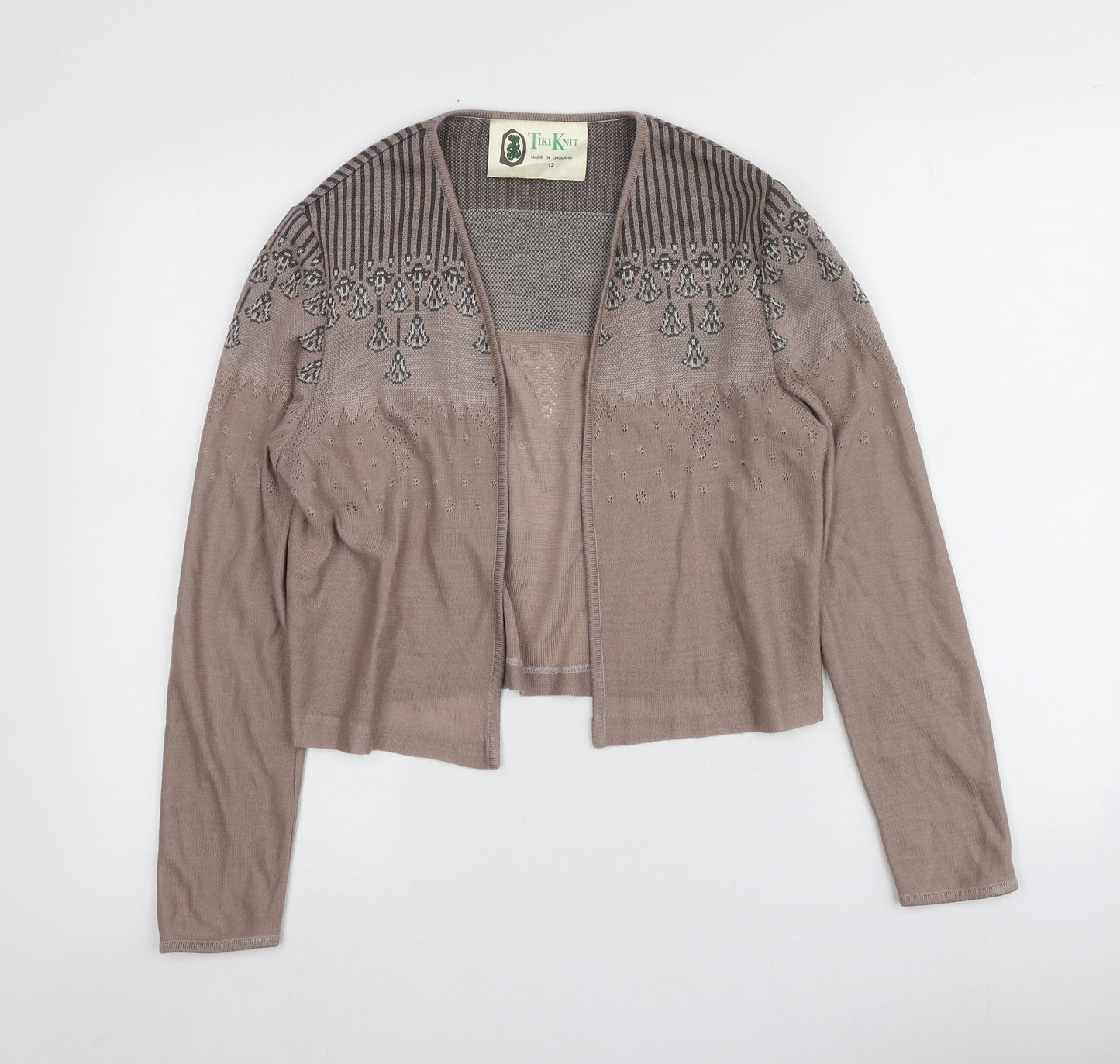 Tiki Knit Womens Brown V-Neck Geometric Acrylic Cardigan Jumper Size 12