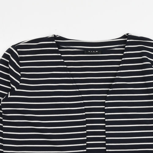 VILA Womens Blue V-Neck Striped Polyester Cardigan Jumper Size L
