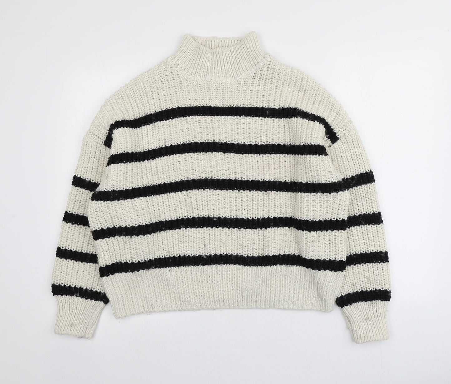 H&M Womens Beige High Neck Striped Polyester Pullover Jumper Size XL