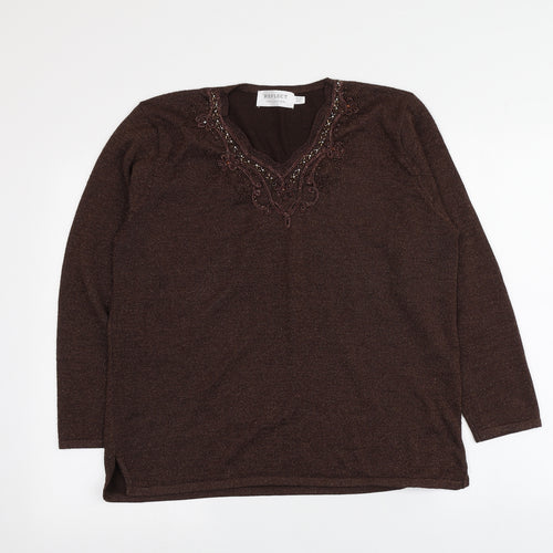 Reflect Womens Brown V-Neck Geometric Acrylic Pullover Jumper Size M