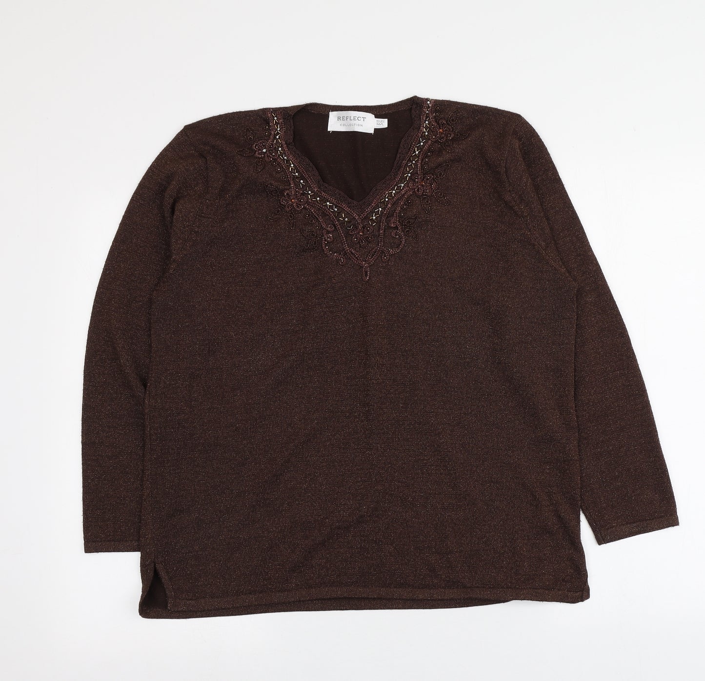 Reflect Womens Brown V-Neck Geometric Acrylic Pullover Jumper Size M