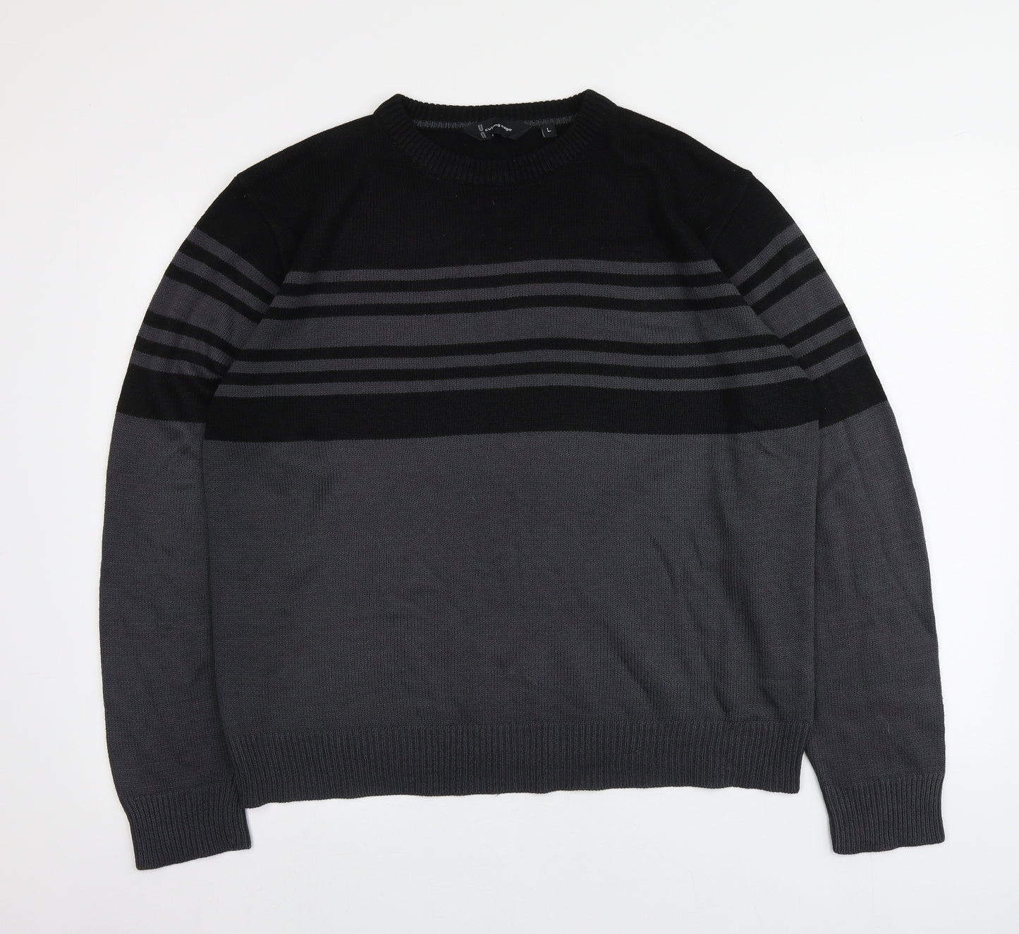 Cutting Edge Mens Grey Round Neck Striped Acrylic Pullover Jumper Size L