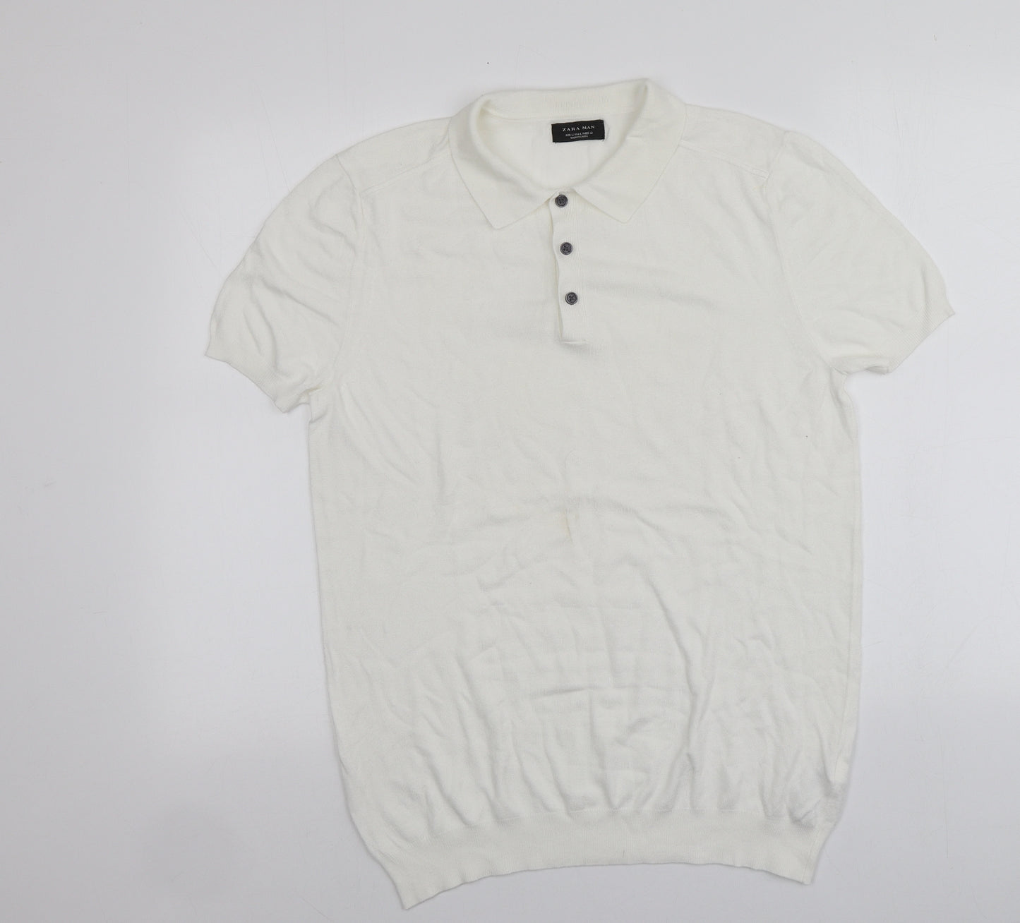 Zara Man Mens Ivory  Viscose  T-Shirt Size L Collared