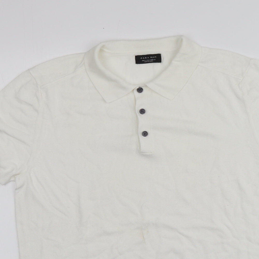 Zara Man Mens Ivory  Viscose  T-Shirt Size L Collared