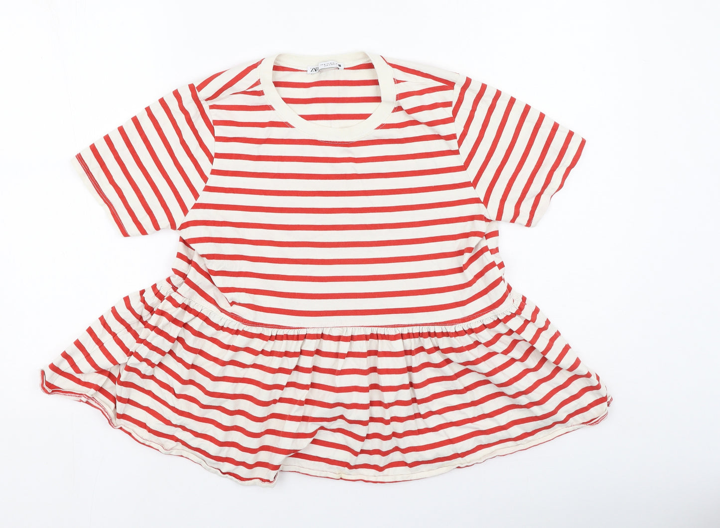 Zara Womens Red Striped Cotton Basic T-Shirt Size M Round Neck