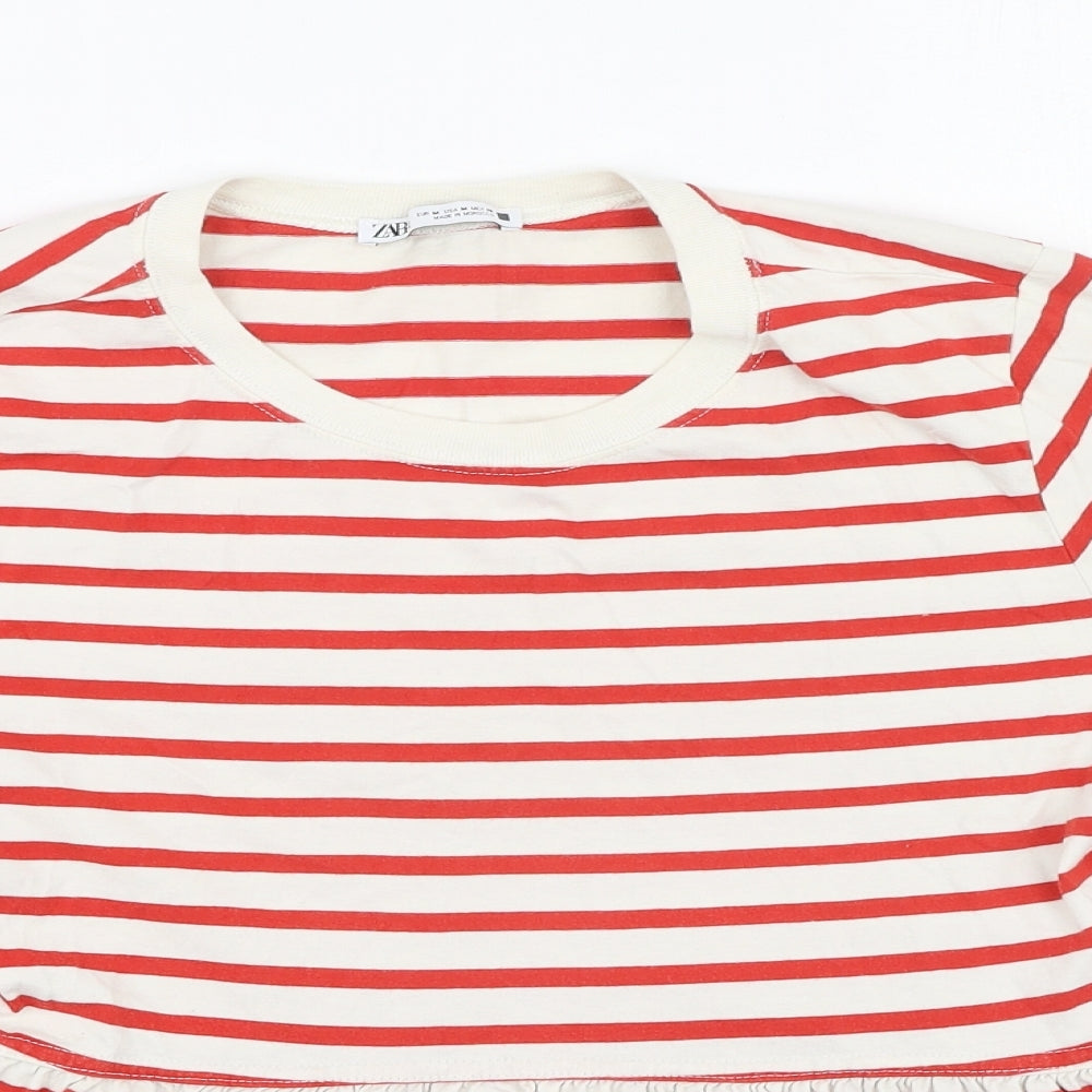 Zara Womens Red Striped Cotton Basic T-Shirt Size M Round Neck