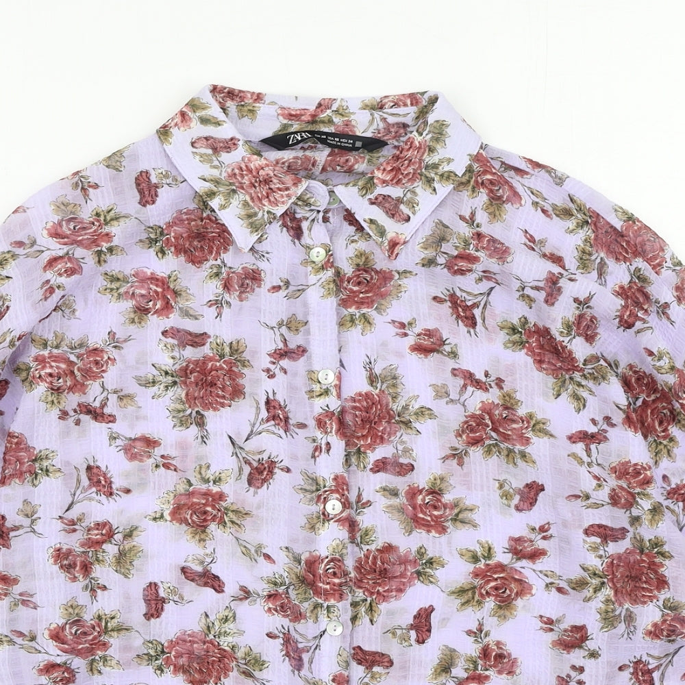 Zara Womens Purple Floral Polyester Basic Blouse Size XS Collared