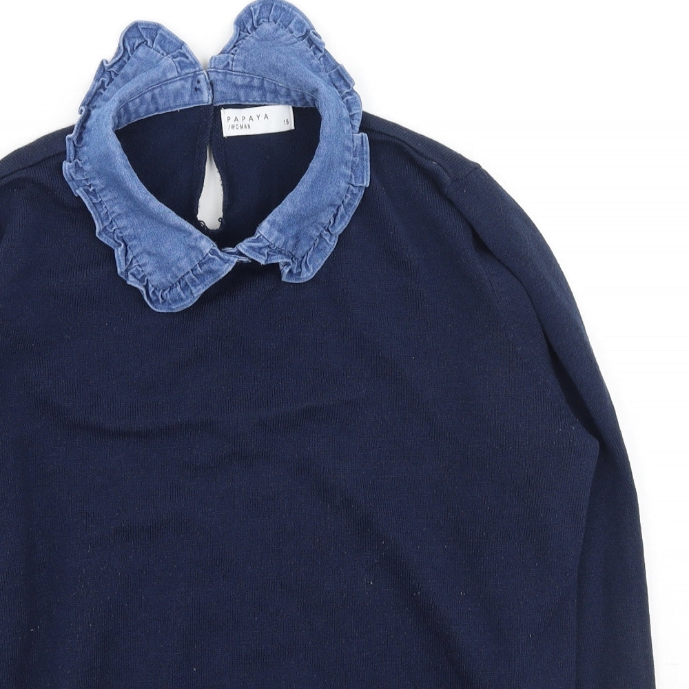 Papaya Womens Blue Collared  Acrylic Pullover Jumper Size 16