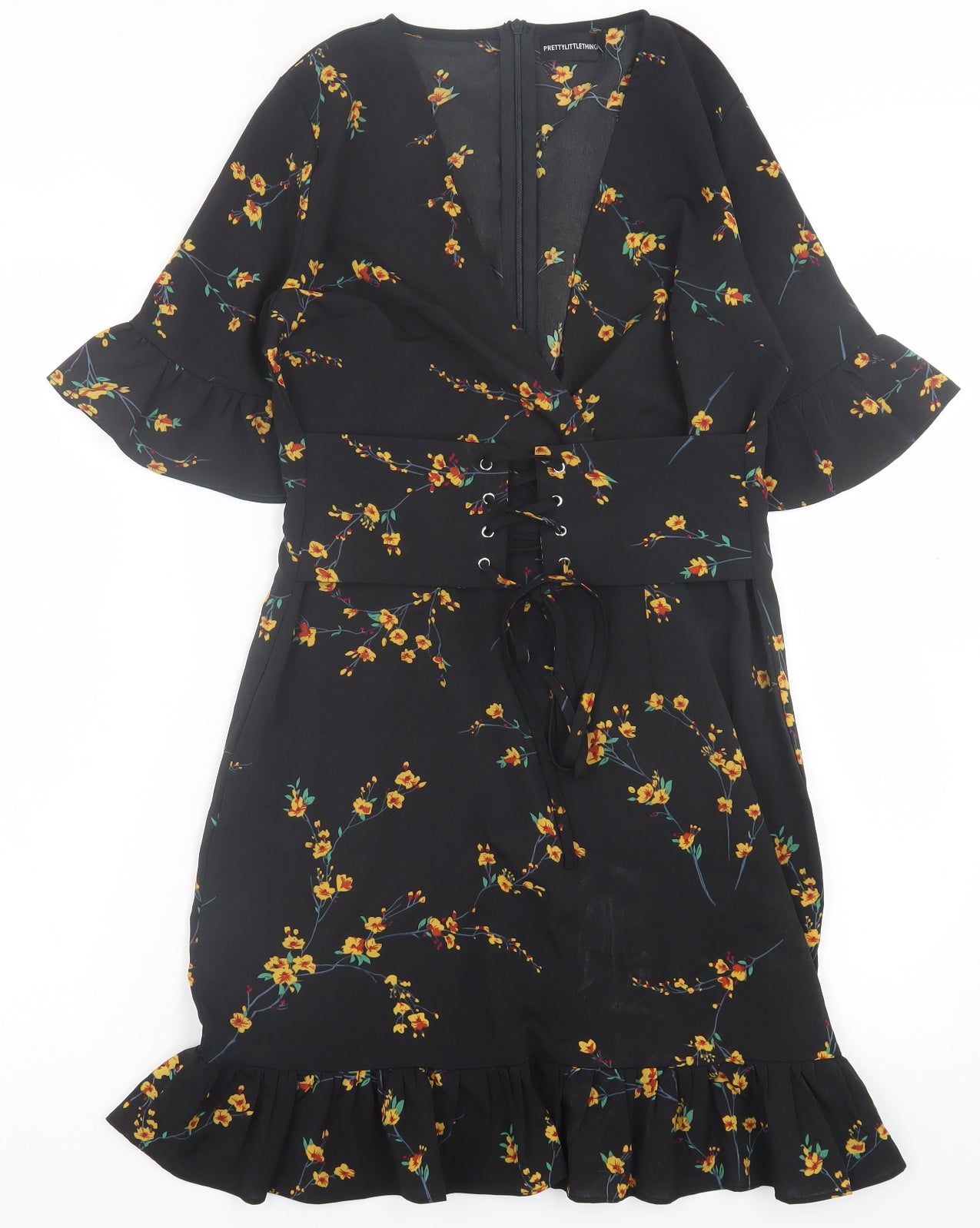 PRETTYLITTLETHING Womens Yellow Floral Polyester A-Line  Size 10  V-Neck Zip