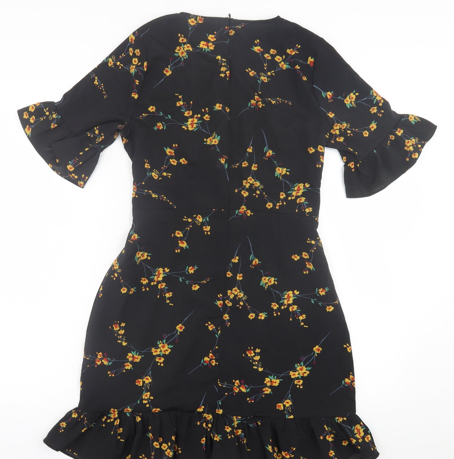 PRETTYLITTLETHING Womens Yellow Floral Polyester A-Line  Size 10  V-Neck Zip