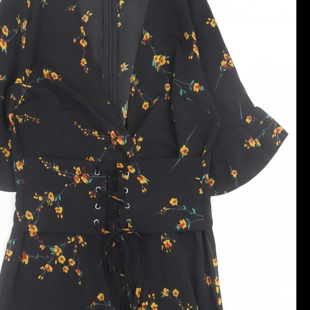 PRETTYLITTLETHING Womens Yellow Floral Polyester A-Line  Size 10  V-Neck Zip