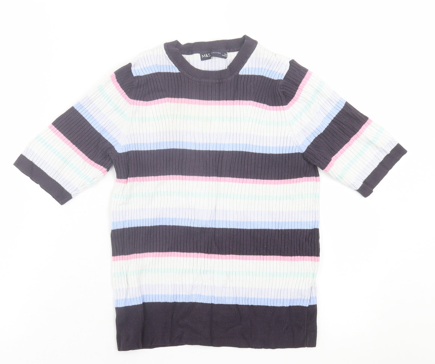 Marks and Spencer Womens Multicoloured Striped Viscose Basic T-Shirt Size 14 Crew Neck