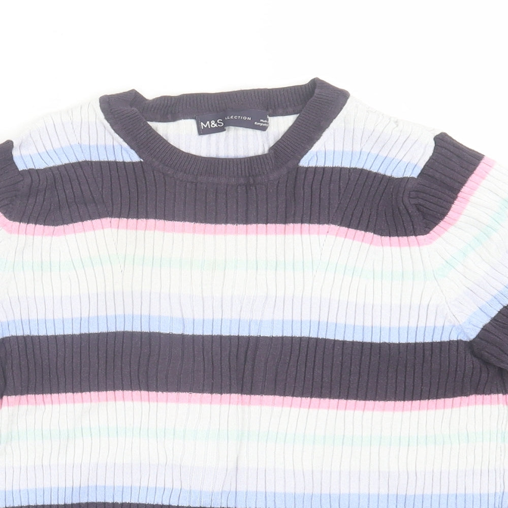 Marks and Spencer Womens Multicoloured Striped Viscose Basic T-Shirt Size 14 Crew Neck