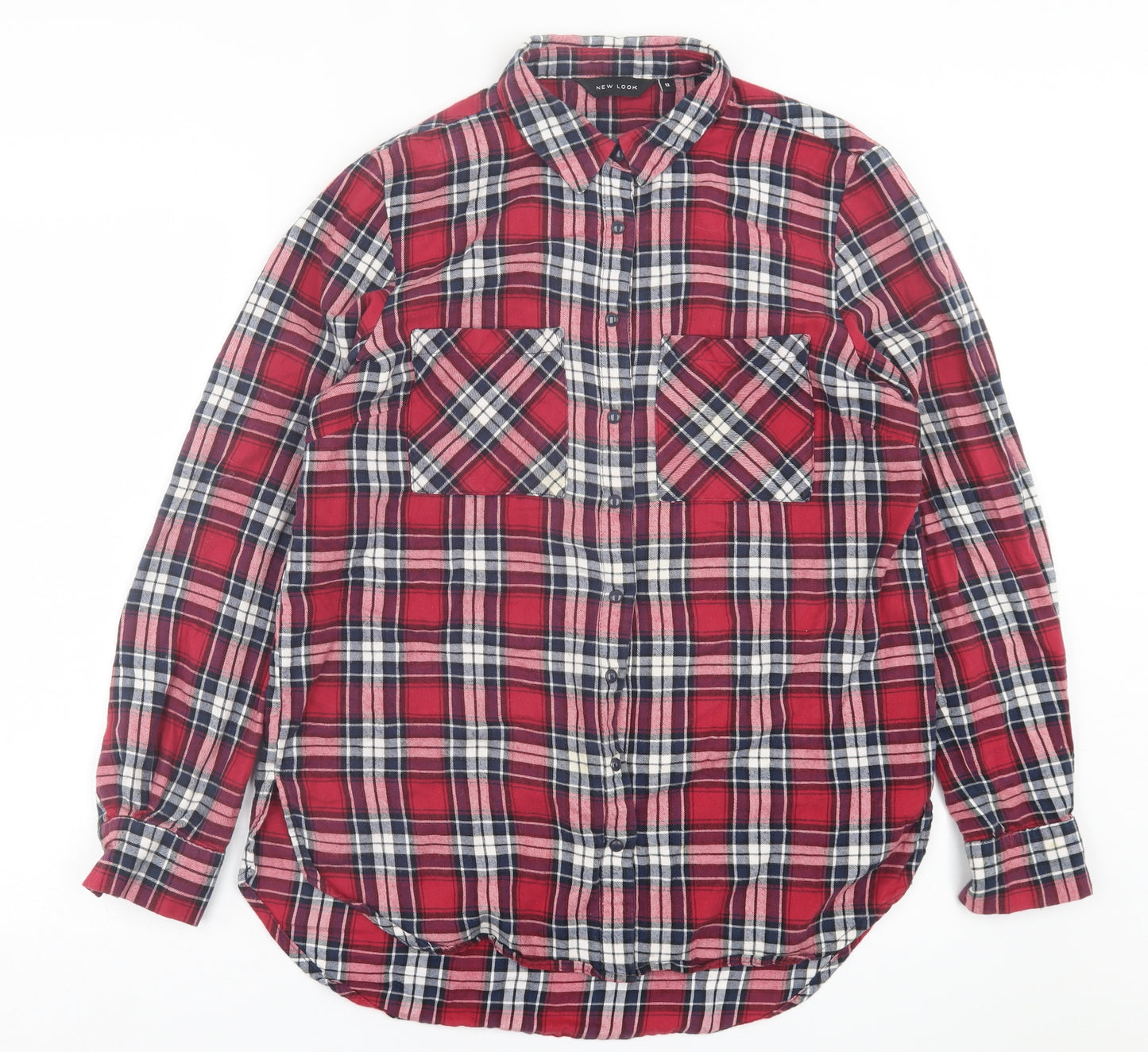 New Look Womens Red Plaid Cotton Basic Button-Up Size 12 Collared