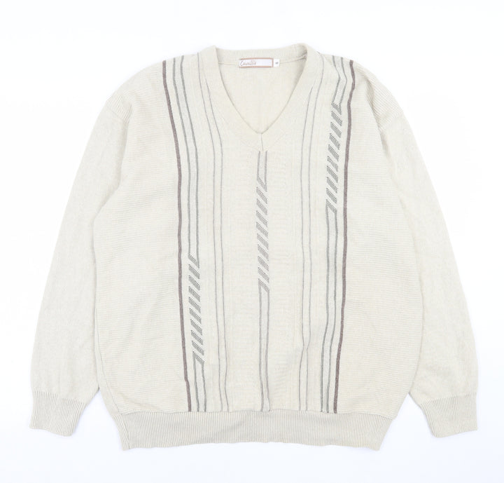 Cavallo Mens Beige V-Neck Striped Cotton Pullover Jumper Size S