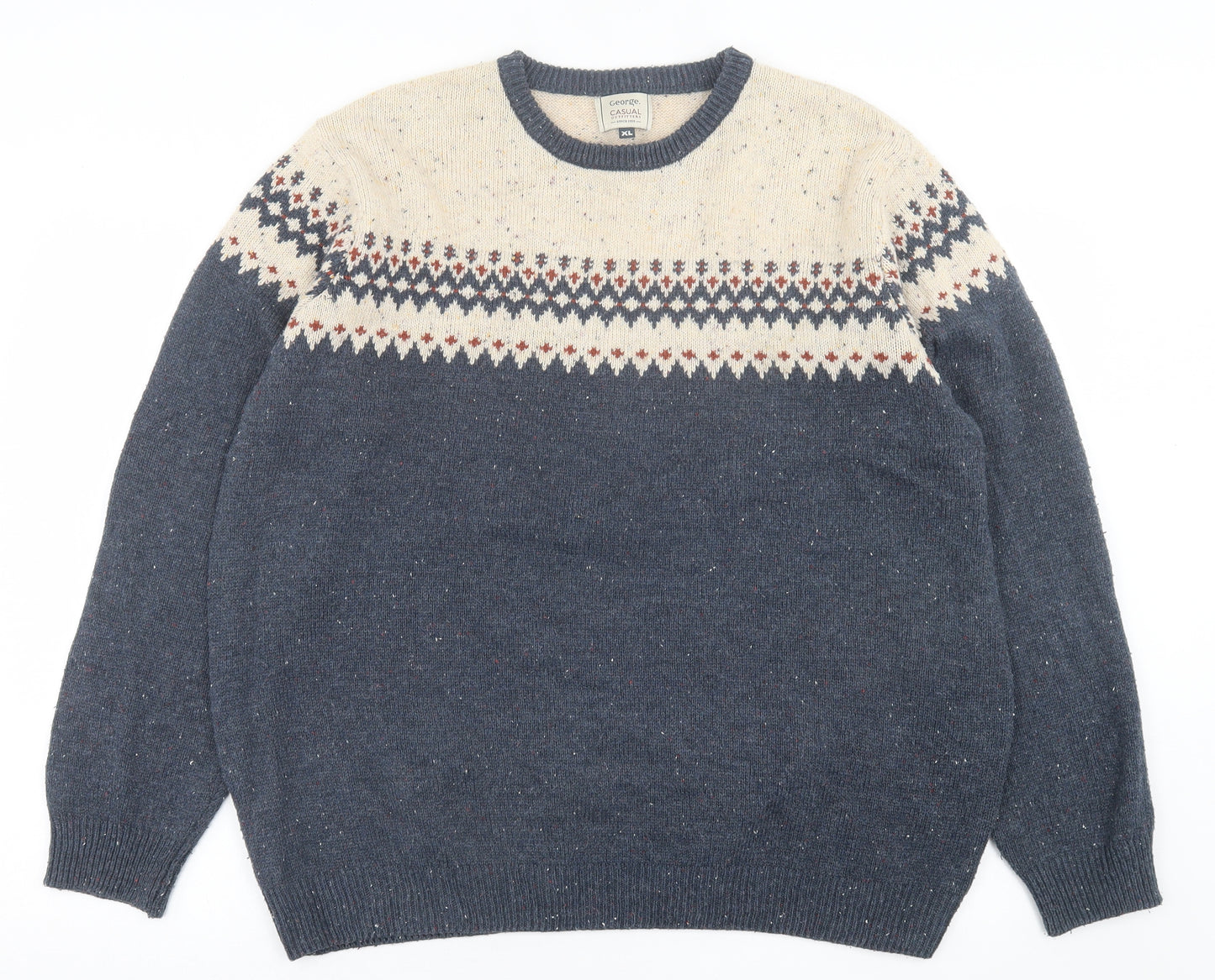 geworge Mens Blue Crew Neck Geometric Acrylic Pullover Jumper Size XL