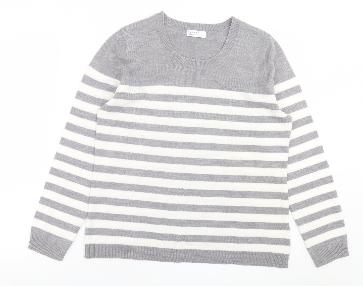 Papaya Womens Grey Crew Neck Striped Acrylic Pullover Jumper Size 14