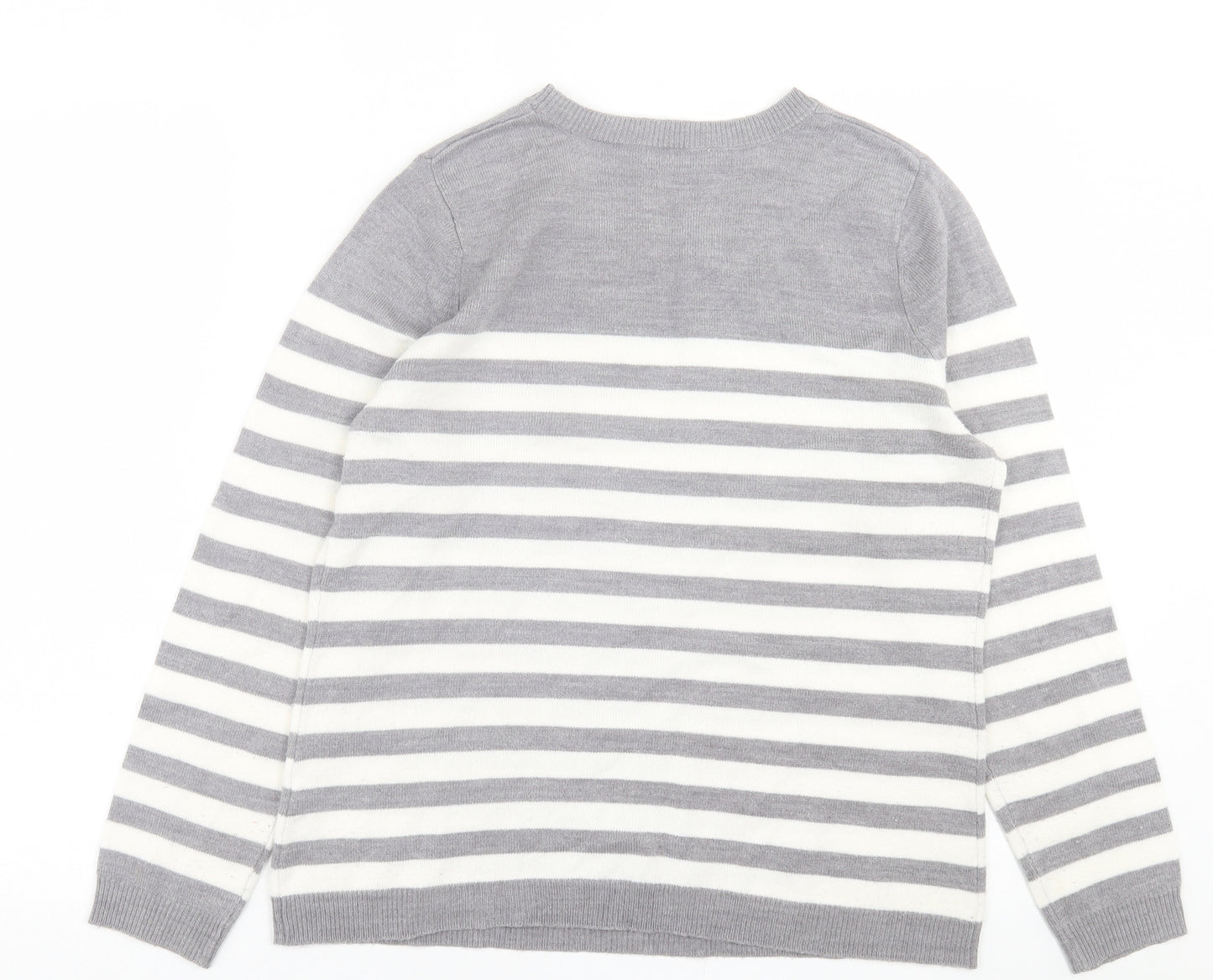 Papaya Womens Grey Crew Neck Striped Acrylic Pullover Jumper Size 14